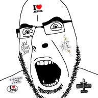 christianity coffee cross glasses god hair i_love jesus open_mouth romans_(bible) romans_1:16 soyjak stubble tattoo teeth text variant:cobson // 721x720 // 84.3KB