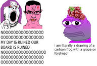 2soyjaks amphibian anger_mark angry bant_(4chan) bloodshot_eyes crying food frog fruit glasses grape hair nas:pepe open_mouth painted_nails pepe pepe_the_frog pointing pointing_at_viewer purple_hair soyjak stubble subvariant:chudjak_front sweating text tranny variant:chudjak variant:gapejak vein yellow_teeth // 2630x1781 // 1.4MB