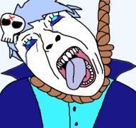 ack bloodshot_eyes blue_blood blue_eyes blue_hair blue_jacket blue_shirt button buttoned_shirt clothes crying dead eceleb eyebrows eyelashes hair hanging jacket mask noose nux_taku open_mouth purple_tongue red_x rope sans sharp_teeth skeleton soyjak suicide teeth tongue transparent transparent_background variant:bernd vtuber white_skin x // 771x724 // 81.7KB