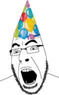 excited glasses open_mouth party_hat soyjak stubble variant:cobson // 721x1165 // 179.7KB