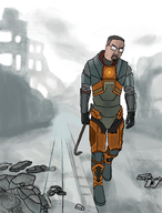 arm armor brown_hair building closed_mouth cloud crowbar debris full_body glasses glove goatee gordon_freeman hair half-life half-life_2 half_life hev_suit holding_crowbar holding_object leg looking_down sad shading shadow sidewalk sonnenrad symbol valve variant:chudjak video_game white_background // 2780x3650 // 6.4MB