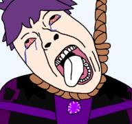 ack armor artist:crimsonvoidhydra1488 bloodshot_eyes crying dead eternal_craftwars eternalus_(etcw) hair hanging noose open_mouth purple_hair roblox rope tongue tongue_out variant:bernd // 771x723 // 27.2KB