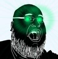 black_skin ear glasses glowing_eyes green_eyes open_mouth soyjak stubble thougher variant:fatjak // 974x998 // 722.8KB
