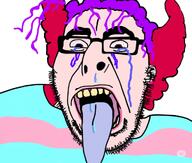 anhero bloodshot_eyes crying dead flag glasses hair makeup meta:ai_generated meta:tagme open_mouth purple_hair red_hair soyjak stubble suicide tongue tranny variant:cobson yellow_teeth // 1024x868 // 148.5KB