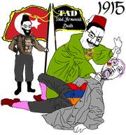 1915 armenia armenian_genocide beard bloodshot_eyes classical_art_parody clothes country crescent fez flag flag:armenia flag:turkiye flag_bearer full_body genocide holding_flag irl islam mustache open_mouth ottoman_empire purple_hair smug star strangling stubble tongue tranny turk turkiye uniform variant:bernd variant:chudjak yellow_teeth // 3000x3200 // 1.2MB