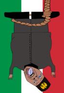 arm benito_mussolini clothes country crying dead fascism flag full_body hand hanging hat italy leg open_mouth soyjak suicide tongue uniform upside_down variant:bernd yellow_teeth // 1000x1450 // 241.7KB