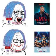 bloodshot_eyes blue_hair clothes crying cuties dave_chappelle glasses grin hair makeup netflix open_mouth smile so_true soyjak stubble tranny tv_(4chan) variant:soyak // 900x900 // 634.9KB