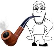 arm bald boot closed_mouth full_body glasses leg looking_at_you neutral pipe poorly_drawn smoke smoking stubble subvariant:neutralplier variant:markiplier_soyjak white_background // 1498x1286 // 120.7KB