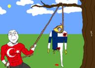 2soyjaks arm blood bloodshot_eyes buff chopped_head closed_mouth clothes crying cutted_leg drawn_background ear extreme_gore finland finngolia finngolian_(finnish flag flag:finland flag:turkiye friendly_fire full_body glasses grass grey_shorts hand hanging holding_object holding_rope irl leg lynching mustache noose open_mouth outdoors rope smile smug soyjak tfd tongue total_finnigger_death tranny tree turk turkiye variant:bernd yellow_skin yellow_teeth // 2100x1500 // 309.3KB