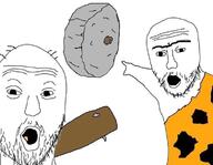 2soyjaks arm caveman clothes club_(weapon) hair hand mustache open_mouth pointing rock soyjak stubble variant:two_pointing_soyjaks weapon wheel // 750x583 // 70.8KB