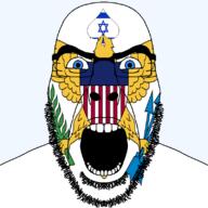 angry animal arrow beard bird blue_eyes eagle facial_mark flag flag:israel flag:virgin_islands forehead_mark glasses hair holding_object israel looking_at_you open_mouth plant queen_of_spades shield soyjak spade star_of_david stubble subvariant:cobson_front2 subvariant:spadeson territory thick_eyebrows united_states variant:cobson virgin_islands // 800x800 // 131.4KB