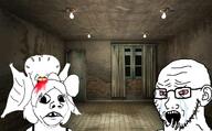 3soyjaks baby blood bloodshot_eyes bow crying cryptid deformed ear frown full_body glasses hair hand irl_background mirrored monster no_eyes open_mouth soyjak stubble subvariant:nathaniel variant:gapejak variant:soyak yellow_teeth // 640x395 // 81.8KB