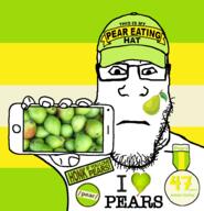 arm badge baseball_cap closed_mouth clothes facial_mark food fruit hand hat holding_object holding_phone i_love iphone neutral pear phone soyjak sticker subvariant:neutralplier subvariant:phoneplier subvariant:phoneplier_horizontal tattoo tshirt variant:markiplier_soyjak // 946x981 // 290.0KB