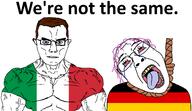 2soyjaks bloodshot_eyes crying flag germany glasses hanging italy stubble subvariant:muscular_chud tranny variant:bernd variant:chudjak // 1430x826 // 79.4KB
