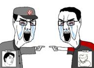 3soyjaks arm bloodshot_eyes closed_mouth clothes crying dancing_swede ear full_body glasses goth hair hand hat kolyma open_mouth pointing smile soyjak stubble variant:chudjak variant:impish_soyak_ears // 1366x996 // 227.4KB