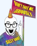 arm clothes glasses hand hat open_mouth pointing rainbow sign silly_hat soyjak stubble tshirt variant:abortion_lover // 777x960 // 536.9KB