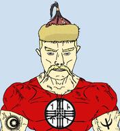 arm asian blue_eyes buff cap central_asia closed_mouth clothes crescent hat muscles muscular_male star star_and_crescent subvariant:chudjak_front subvariant:muscular_chud swastika symbol tattoo tengrism tshirt variant:chudjak vein yellow_hair // 1080x1177 // 138.8KB