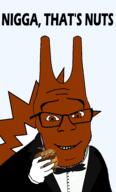 animal big_nose clothes glasses hand happy holding_object nigga_thats_nuts no_hair nuts open_mouth red_squirrel ribbon sharp_fingers smile soyjak squirrel stubble subvariant:feralsquirrel suit tail teeth_showing text toast tuxedo variant:feraljak // 1328x2200 // 166.9KB
