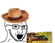 clothes cowboy glasses gun hat open_mouth soyjak stubble variant:soyak // 1264x996 // 599.4KB