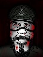 1488 army art background beard blood blood_from_nose blood_on_face bloodshot_eyes closed_mouth clothes dark drawing drawn_background eyebags eyebrows eyes face glowing goggles green head helmet looking_at_viewer looking_at_you military military_uniform moustache net nose olive red_background red_eyes scar shadow soldier stare thousand_yard_stare thrembo uniform variant:markiplier_soyjak war white_skin // 2394x3192 // 1.3MB