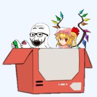 anime box clothes excited female flandre_scarlet glasses hair hand hat nintendo nintendo_switch open_mouth red_eyes soyjak stubble touhou variant:excited_soyjak video_game wing yellow_hair // 489x489 // 116.0KB