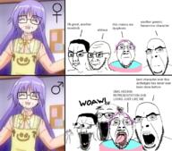 4soyjaks a_(4chan) angry anime arm beard closed_mouth clothes concerned frown glasses hair hand hands_up happiness! jun_watarase merge open_mouth purple_hair soy_edit soyjak stubble subvariant:waow subvariant:wewjak text tongue tranny trap variant:bernd variant:chudjak variant:cobson variant:soyak woaw yellow_teeth // 818x720 // 565.1KB