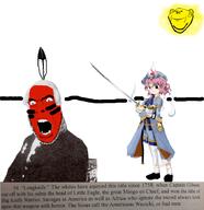 2soyjaks angry anime closed_mouth clothes ear face_paint feather female glasses graf_johann,_count_de_dalis-soglio-bondo holding_object holding_sword imminent_death indian nigel_carlsbad open_mouth pink_hair red_skin redskin saigyouji_yuyuko smile soyjak stubble sun sword text touhou twitter variant:cobson variant:impish_soyak_ears video_game weapon white_hair white_skin // 842x870 // 517.2KB