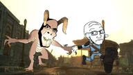 apocalypse armored_vault_suit claws confused deathclaw fallout fallout_3 handholding lone_wanderer meta:deathclaws_have_faggotry_in_their_blood monster mutant running subvariant:hornyson variant:cobson variant:soyak vault_dweller vault_suit video_game wasteland yellow_teeth // 1920x1080 // 1.2MB