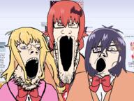 3soyjaks anime bowtie clothes female g_(4chan) gabriel_dropout gabriel_tenma_white glasses hair necktie open_mouth ornament palindrome_get satania soyjak soyjak_trio stretched_mouth stubble technology text variant:gapejak variant:markiplier_soyjak variant:tony_soprano_soyjak vignette_tsukinose_april white_skin // 1214x910 // 658.3KB