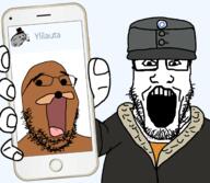 2soyjaks arm bear clothes finland glasses hat holding_object holding_phone iphone military_hat open_mouth phone soyjak spurdo_sparde stubble subvariant:phoneplier subvariant:phoneplier_vertical variant:gapejak variant:markiplier_soyjak ylilauta // 2160x1884 // 990.0KB