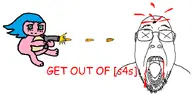 ack anti_soyjak beary_smol blood blue_hair bullet bury_pink_gril comic_sans death glasses gun holding_gun holding_object open_mouth pink_skin s4s_(4chan) soyjak stubble teeth text variant:bernd // 700x342 // 123.8KB