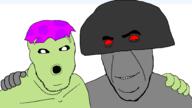 2soyjaks dark_gray_mushroom_head doom_shroom fungi gray_skin hand mushroom no_more_brother_wars plants_vs_zombies purple_mushroom_hat scaredy_shroom smile soyjak teeth variant:cobson variant:feraljak // 3840x2160 // 561.1KB