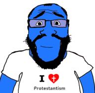 arm beard blue blue_skin calm christian_cross christian_identity christianity closed_mouth clothes glasses heart i_love protestant soyjak subvariant:science_lover tshirt variant:markiplier_soyjak // 652x640 // 92.8KB