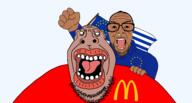 2soyjaks artist:sabiopajin balding big_lips booger drool ear fat fist flag flag:united_states_of_europe glasses looking_at_you meta:tagme nationalism open_mouth riding series:trios_&_duos soyjak stubble subvariant:euromutt subvariant:impish_amerimutt template transparent_background user=sabiopajin variant:hippojak variant:patriotjak // 2326x1246 // 299.6KB