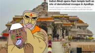 2soyjaks ack beard brown_skin choke_hold flower glasses grey_hair hindu hinduism india indian islam lion mustache narendra_modi pakistan plant purple_hair ram_temple red_eyes statue stubble subvariant:chudjak_front tan_skin teeth text tongue variant:bernd variant:chudjak // 936x521 // 762.4KB