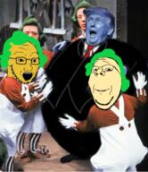 2soyjaks arm blueberry blueberry_inflation charlie_and_the_chocolate_factory donald_trump glasses green_hair hair hand inflation_fetish irl leg oompa_loompa open_mouth orange_skin smile soyjak stubble subvariant:wholesome_soyjak variant:gapejak variant:soyak willy_wonka // 500x579 // 428.7KB
