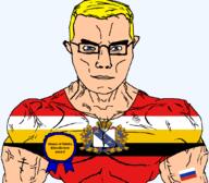 animal arm award bird blue_eyes buff christianity closed_mouth clothes crown eastern_orthodox eyes_like_the_o-o-cean flag flag:kursk_oblast flag:russia glasses hair home kursk_oblast nikita_khrushchev oblast orthodox_cross russia soyjak subvariant:chudjak_front subvariant:muscular_chud text transparent transparent_background tshirt variant:chudjak vein yellow_hair // 1059x929 // 129.4KB