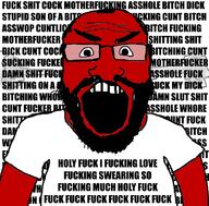 angry balding beard clothes glasses hair open_mouth red_skin seething soyjak subvariant:science_lover swearing text tshirt variant:markiplier_soyjak wordswordswords // 800x789 // 180.0KB