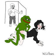 animal are_you_winning_son arm bloodshot_eyes blush closed_mouth clothes crying cuck female frog full_body glasses green_skin hair hand leg meta:pornographic_content nsfw open_mouth pepe sex smile smug soyjak star stubble text variant:soyak wojak // 1280x1280 // 168.5KB
