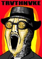 bomb chud clothes drawn_background explosion goggles hat impact_font meta:tagme necktie nuclear nuclear_explosion open_mouth oppenheimer suit suit_and_tie text truth_nuke variant:chudjak // 955x1315 // 321.4KB
