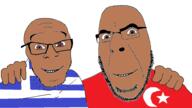 2soyjaks brown_eyes brown_skin country flag flag:greece flag:turkiye friendship glasses greece hand happy hugging looking_at_you no_more_brother_wars smile soyjak stubble turkiye variant:cobson variant:feraljak // 1920x1080 // 248.1KB