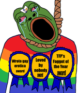 ack amphibian award awardsan dead flag:gay_pride_flag frog frogcuck froogoogaga hanging nas:pepe open_mouth pepe_the_frog rent_free rope suicide the_frog_pond variant:bernd // 641x764 // 172.7KB
