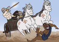5soyjaks ancient animal arm armor art beard blond bloodshot_eyes blue_eyes bracelet brown_skin buff chariot classical_art_parody closed_mouth clothes crying ear eyebrows eyelashes full_body glasses grey_hair hair hand hinduism history holding_object holding_sword horse india indian indo-european indo_european indus_valley_civilization mustache nazism open_mouth pagan painting redraw shield sintashta_culture sky smile smug soyjak stubble subvariant:smug_horse swastika sword tongue trend:aryan variant:bernd variant:chudjak variant:smugjak weapon wheel white_hair white_skin yamnaya // 1280x913 // 146.4KB