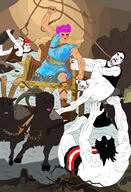 angry arm art balding bloodshot_eyes buff chariot closed_mouth clothes crying drawn_background flag full_body glasses goat hand hat leg maga multiple_soyjaks mustache open_mouth purple_hair riding rope smile smug soyjak stubble subvariant:chudjak_front suicide thors_fight_with_the_giants tongue tranny variant:chudjak white_skin yellow_teeth // 1398x2048 // 1.4MB