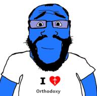 arm beard blue blue_skin calm christian_cross christian_identity christianity closed_mouth clothes glasses heart i_love orthodox orthodox_cross orthodoxy soyjak subvariant:science_lover tshirt variant:markiplier_soyjak // 698x691 // 104.3KB