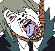 bloodshot_eyes clothes collar crying funamusea glasses hair hanging open_mouth rope stubble suit tranny variant:bernd vicers white_background // 450x417 // 18.0KB