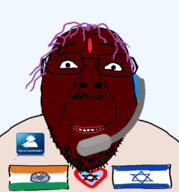 black_skin clothes country flag hair heart indian israel makeup microphone mustache purple_hair smile soyjak technology tranny variant:bernd // 1906x2048 // 571.5KB