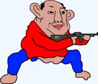 amerimutt animated arm balding brown_skin closed_mouth clothes ear firearm full_body gun hair hand holding_gun holding_object holding_rifle jumping leg mcdonalds nas nas:amerimutt rifle smile soyjak subvariant:chudjak_amerimutt variant:chudjak weapon // 570x537 // 26.4KB