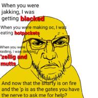 amerimutt angry animal blacked closed_mouth dog ear glasses hot_pocket janny mutt oc ongezellig punisher_face red redtext shadow soyjak soyjak_party stubble text variant:feraljak yellow_skin // 1000x1000 // 300.2KB