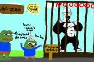 animal animated apu arm bloodshot_eyes cage crying ear freetard frog full_body g_(4chan) glasses gorilla hand leg linux open_mouth party_hat pepe rage_comic screaming sign soyjak stretched_mouth stubble sun technology text trollface variant:soyak zoo // 1200x800 // 210.0KB
